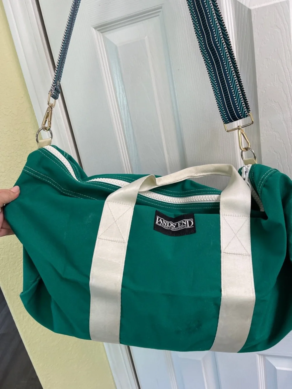 Lands' End Emerald Green Canvas Duffel with White Straps